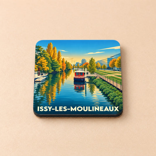 Dessous de verre souvenir de la ville d'Issy-les-Moulineaux avec une illustration stylisée des bords de Seine en automne.