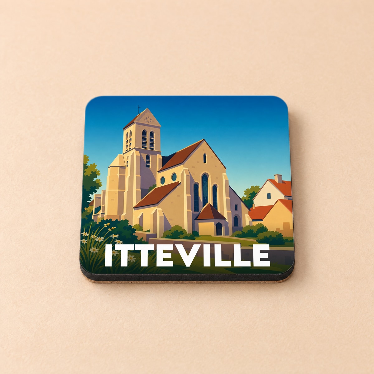 Dessous de verre souvenir de la ville de Itteville avec une illustration stylisée d'une église.