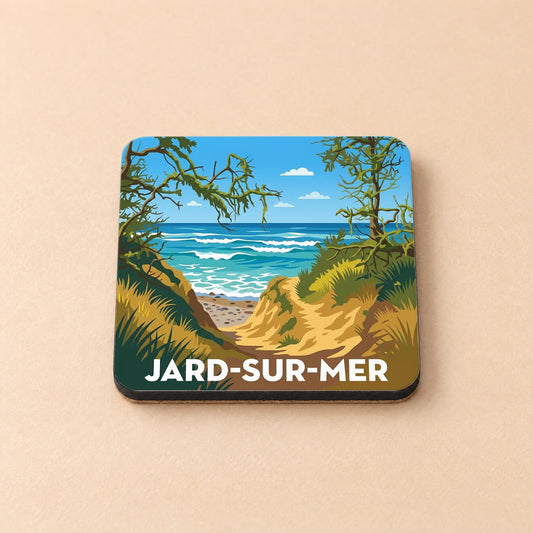 Dessous de verre souvenir de la ville de Jard-sur-Mer avec une illustration stylisée de sa côte sauvage.