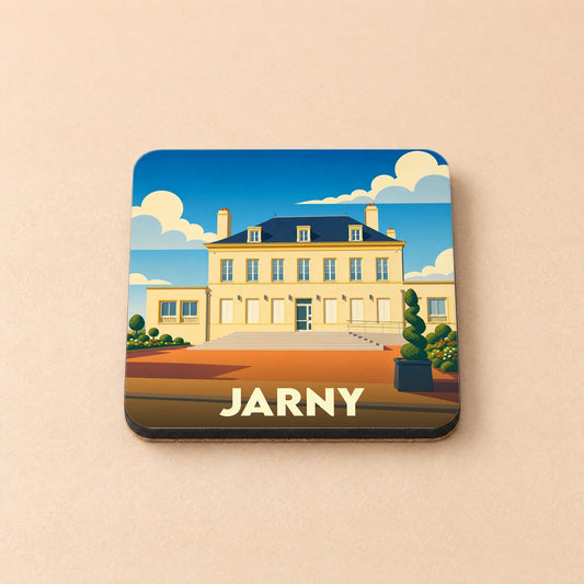 Dessous de verre souvenir de la ville de Jarny avec une illustration stylisée de son hôtel de ville.