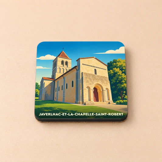 Dessous de verre souvenir de Javerlhac-et-la-Chapelle-Saint-Robert avec une illustration stylisée de son église romane.