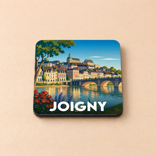 Dessous de verre souvenir de la ville de Joigny avec une illustration stylisée des bords de l'Yonne.