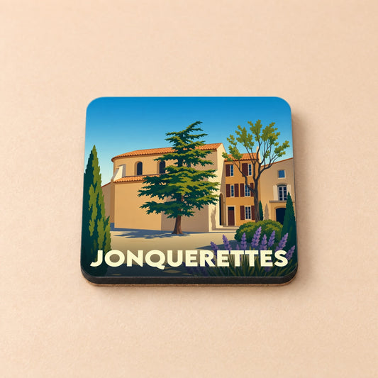 Dessous de verre souvenir de la ville de Jonquerettes avec une illustration stylisée.