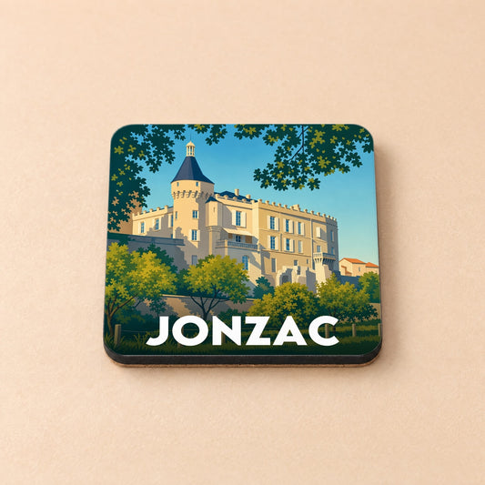 Dessous de verre souvenir de la ville de Jonzac avec une illustration stylisée de son château.