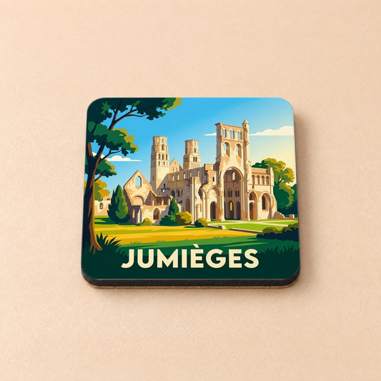 Dessous de verre souvenir de la ville de Jumièges illustrant les ruines de son abbaye dans un style graphique épuré.
