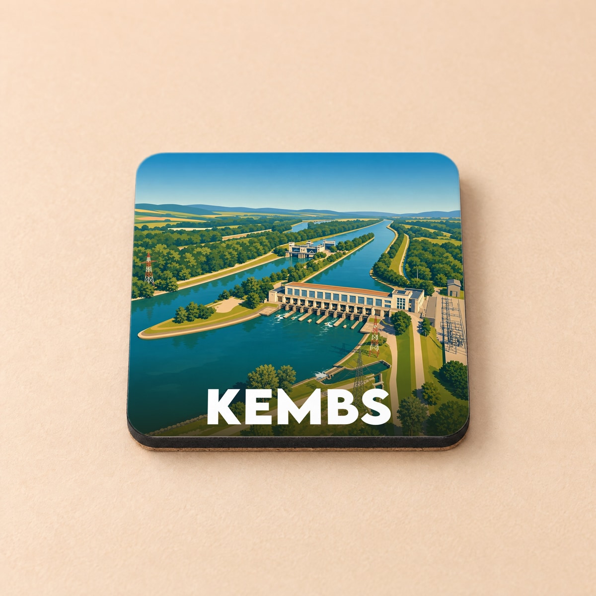 Dessous de verre souvenir de la ville de Kembs avec une illustration stylisée d'un barrage hydraulique.
