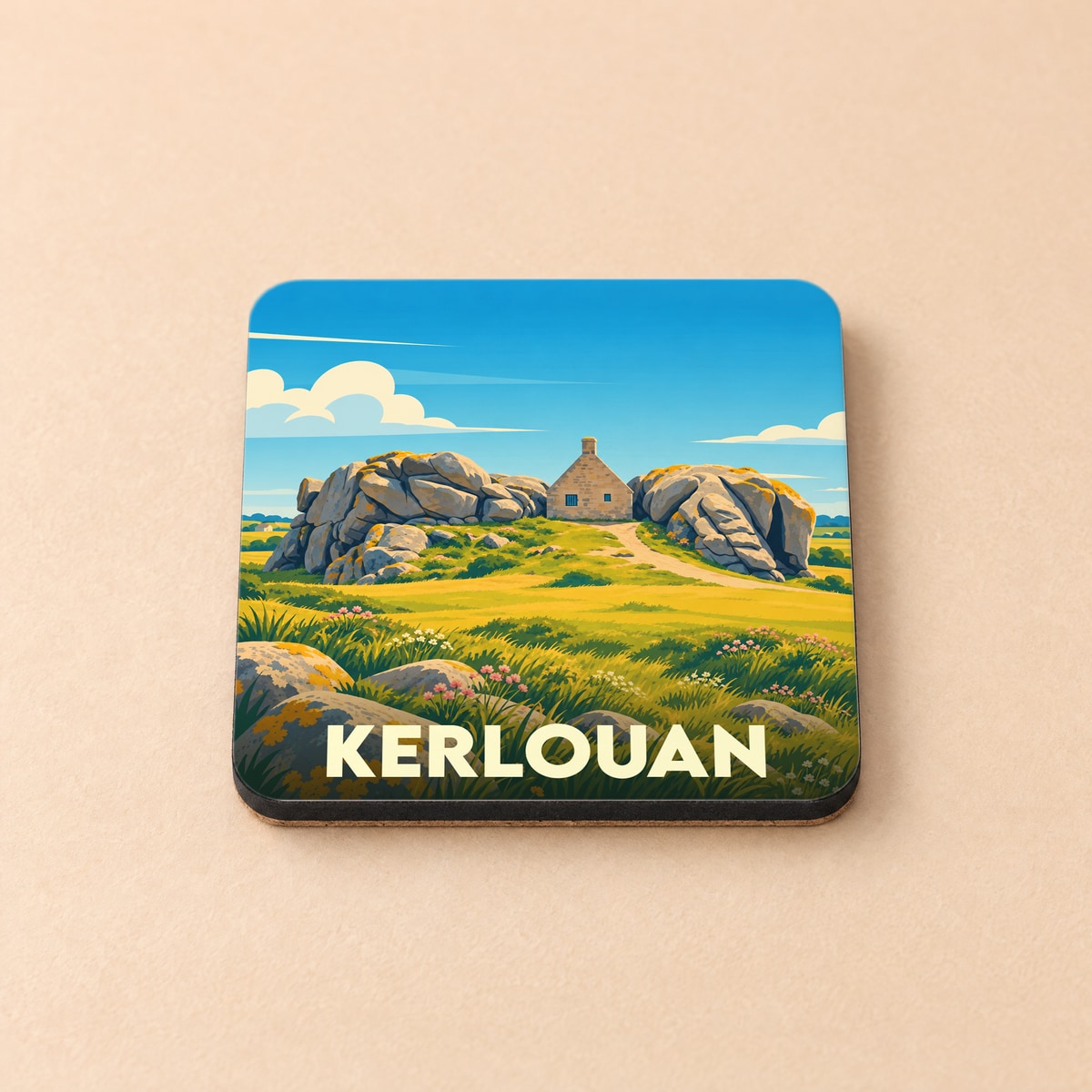 Dessous de verre souvenir de la ville de Kerlouan avec une illustration stylisée de la célèbre maison entre les rochers.