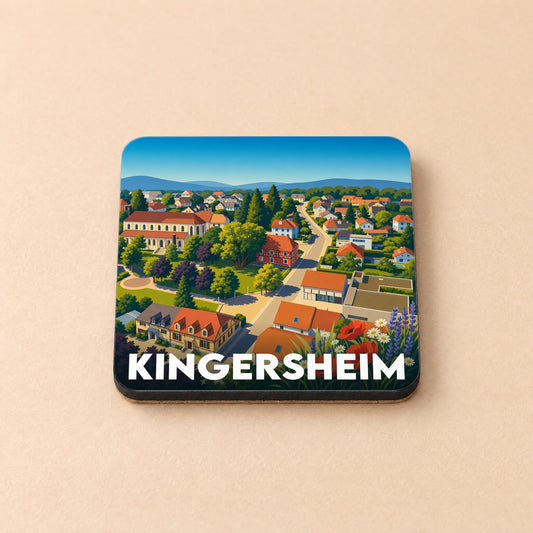 Dessous de verre souvenir de la ville de Kingersheim avec une illustration stylisée d'un paysage urbain verdoyant.