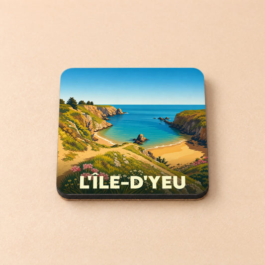 Dessous de verre souvenir de L'Île-d'Yeu avec une illustration stylisée de sa côte sauvage.
