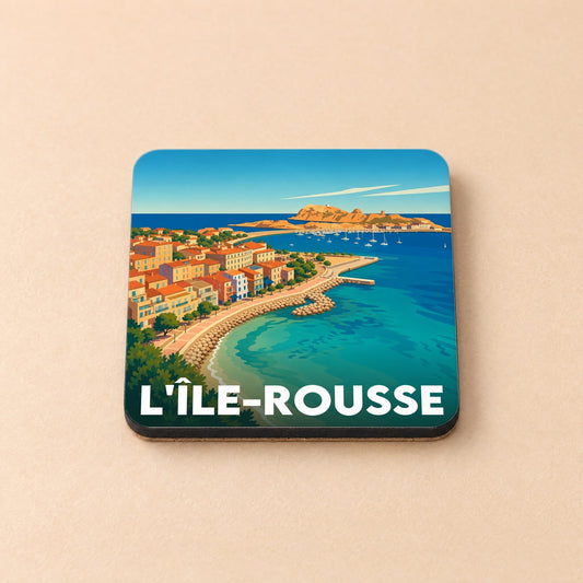 Dessous de verre souvenir de la ville de L'Île-Rousse avec une illustration stylisée de son littoral.