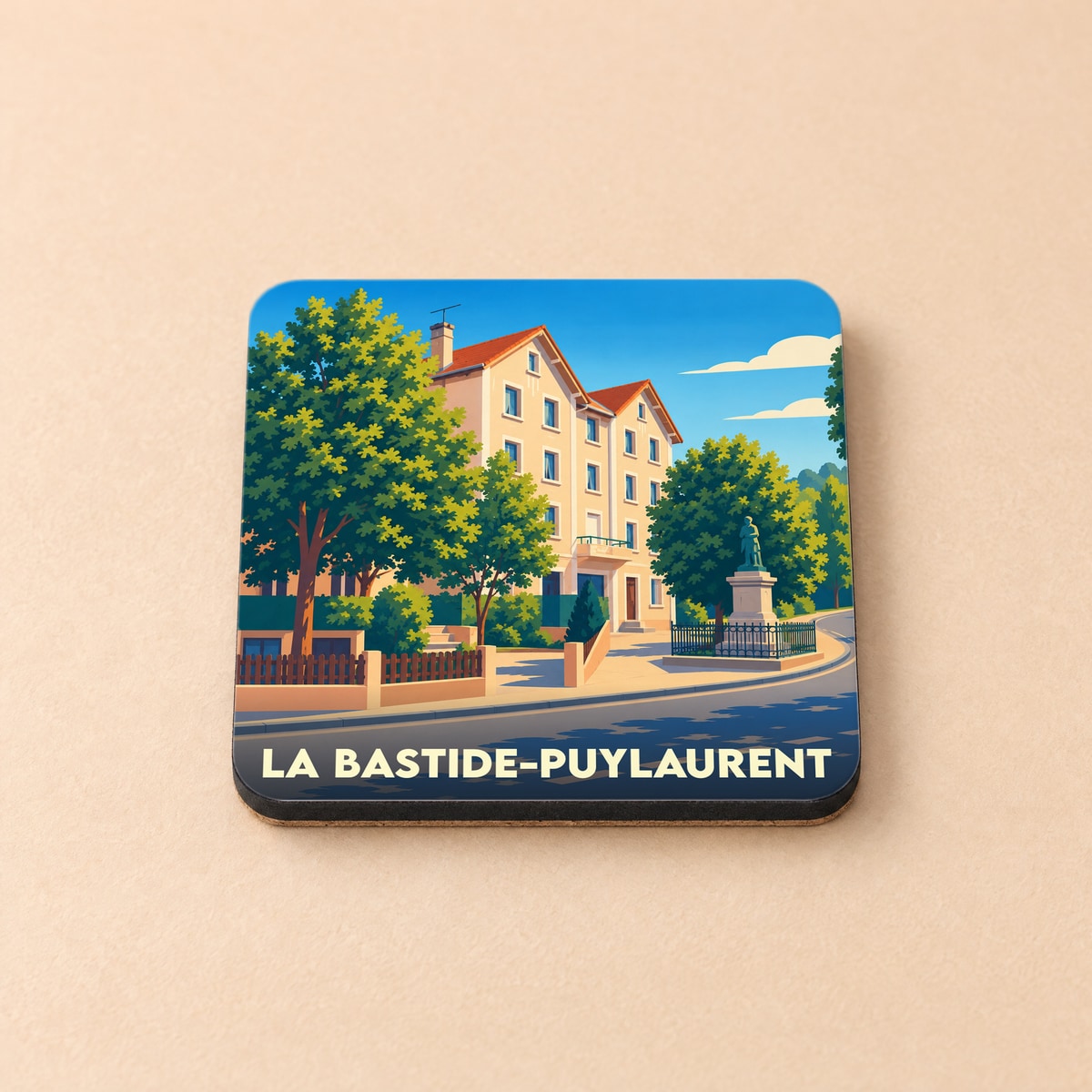 Dessous de verre souvenir de la ville de La Bastide-Puylaurent avec une illustration stylisée.