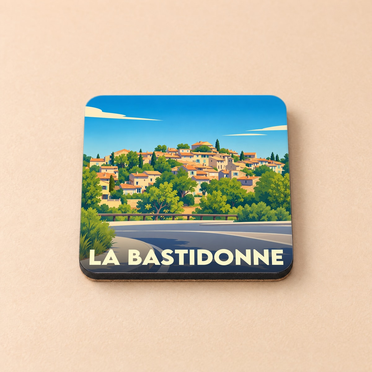 Dessous de verre souvenir de la ville de La Bastidonne avec une illustration stylisée.