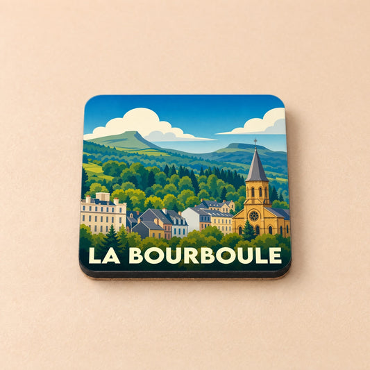 Dessous de verre souvenir de la ville de La Bourboule avec une illustration stylisée de ses bâtiments et montagnes.