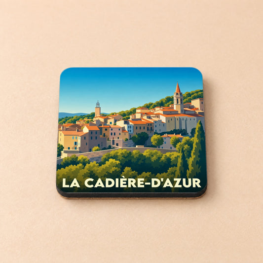 Dessous de verre souvenir de la ville de La Cadière-d'Azur avec une illustration stylisée.