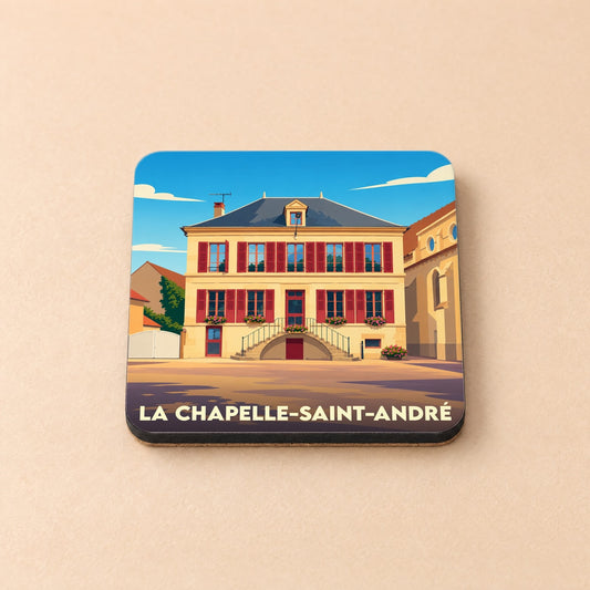 Dessous de verre souvenir de la ville de La Chapelle-Saint-André avec une illustration stylisée de sa mairie.