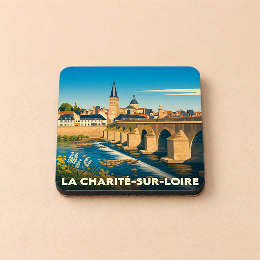 Dessous de verre souvenir de la ville de La Charité-sur-Loire avec une illustration stylisée de son célèbre pont et de son église.