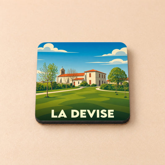Dessous de verre souvenir de la ville de La Devise avec une illustration stylisée.