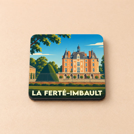 Dessous de verre souvenir de la ville de La Ferté-Imbault avec une illustration stylisée de son château.