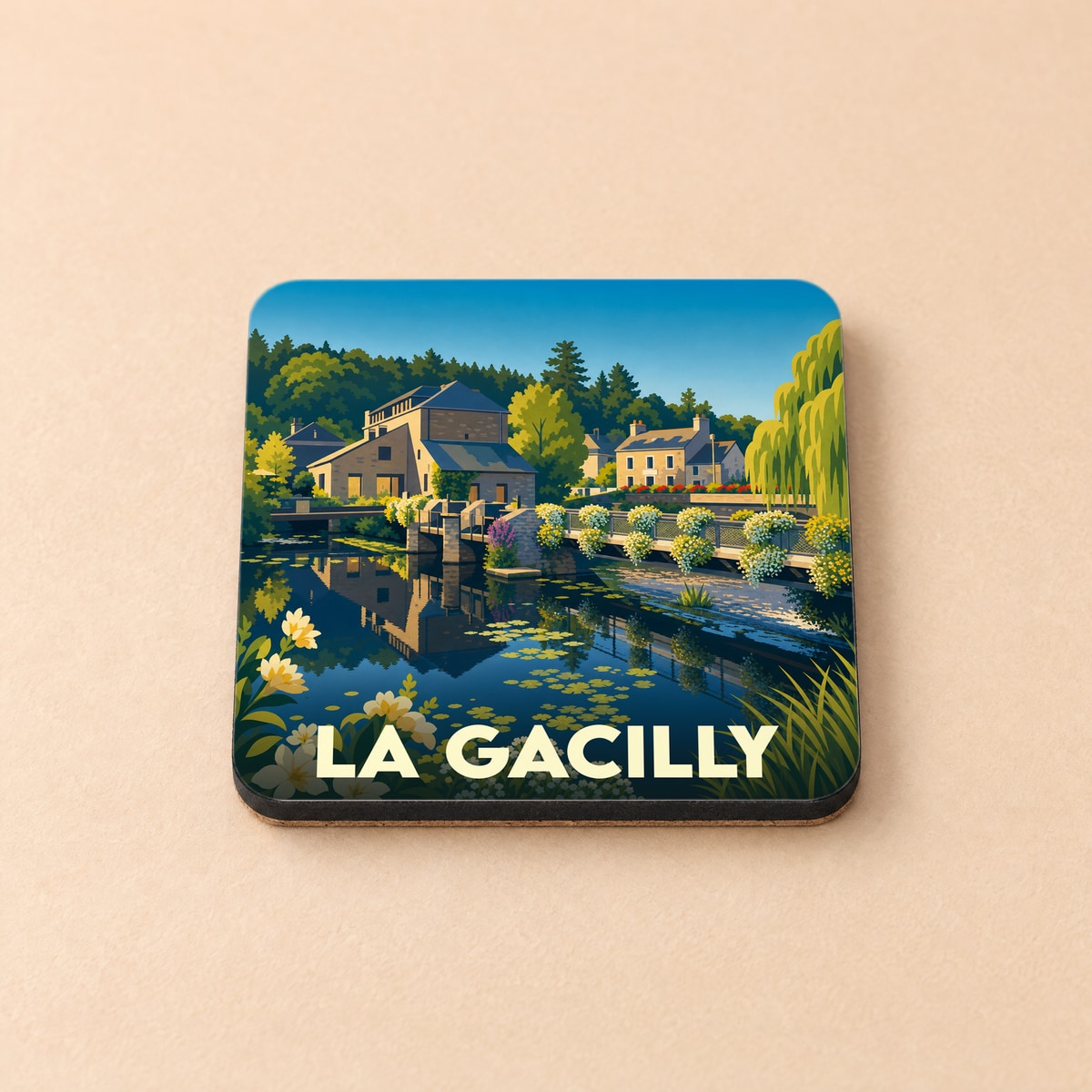 Dessous de verre souvenir de la ville de La Gacilly avec une illustration stylisée de son paysage fluvial.