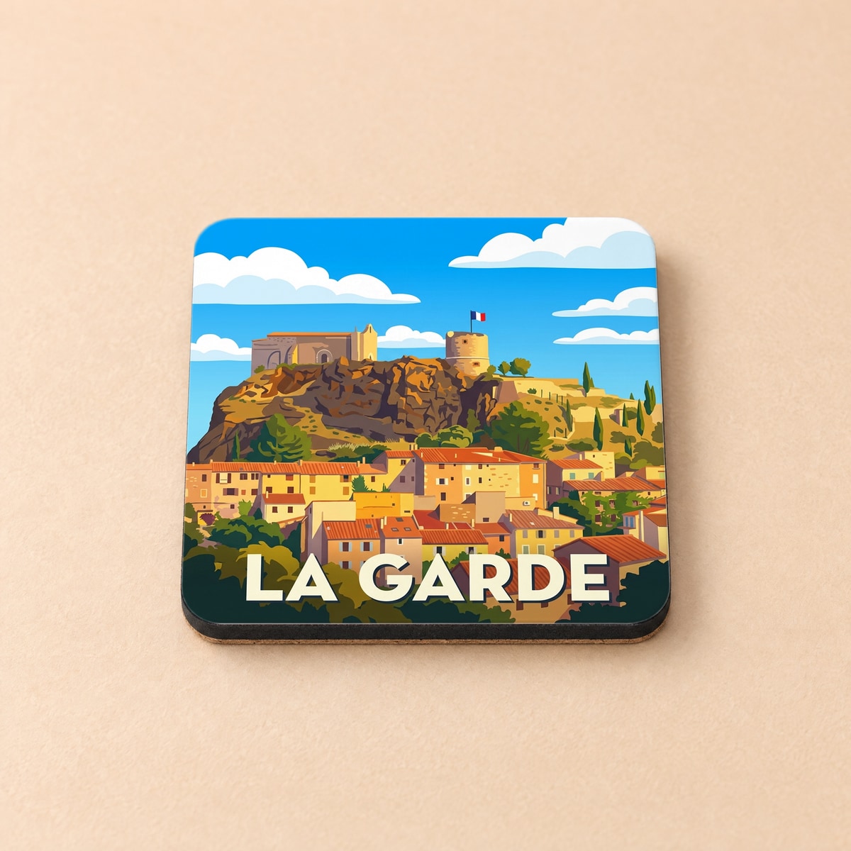 Dessous de verre souvenir de la ville de La Garde avec une illustration stylisée.