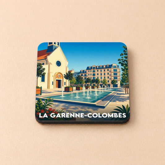 Dessous de verre souvenir de la ville de La Garenne-Colombes avec une illustration stylisée de sa place centrale.