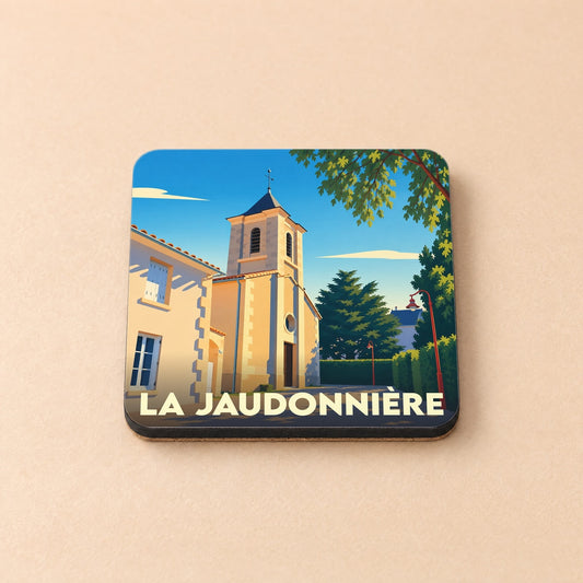 Dessous de verre souvenir de la ville de La Jaudonnière avec une illustration stylisée.