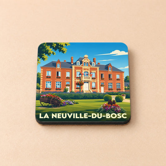 Dessous de verre souvenir de la ville de La Neuville-du-Bosc avec une illustration stylisée.