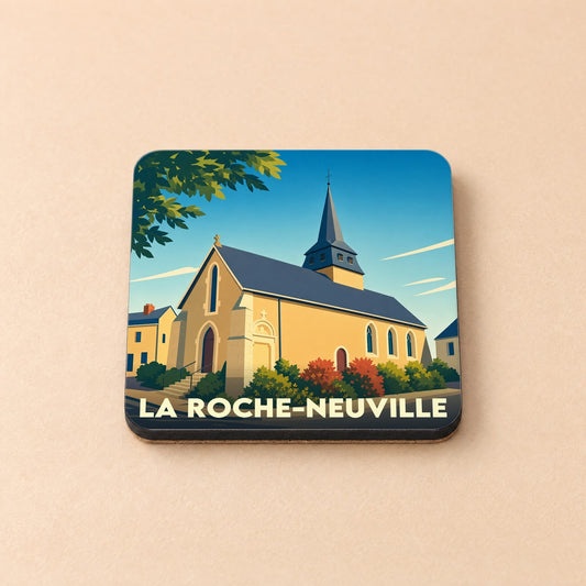 Dessous de verre souvenir de la ville de La Roche-Neuville avec une illustration stylisée de son église.