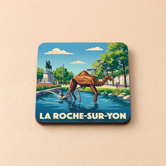 Dessous de verre souvenir de la ville de La Roche-sur-Yon avec une illustration stylisée de ses animaux mécaniques.