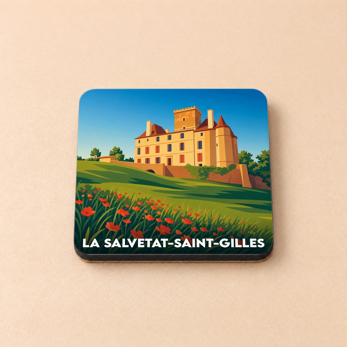 Dessous de verre souvenir de la ville de La Salvetat-Saint-Gilles avec une illustration stylisée de son château.