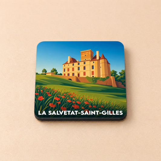 Dessous de verre souvenir de la ville de La Salvetat-Saint-Gilles avec une illustration stylisée de son château.