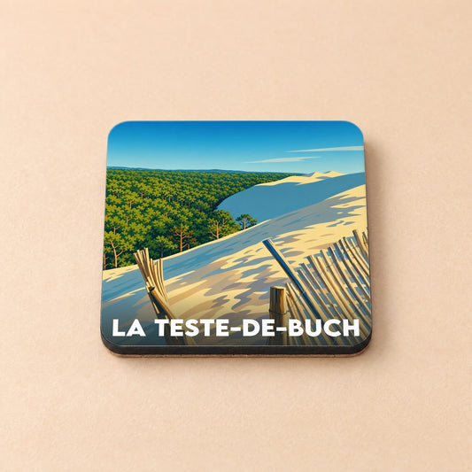 Dessous de verre souvenir de la ville de La Teste-de-Buch illustrant la dune du Pilat et la forêt landaise.