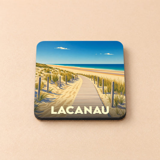 Dessous de verre souvenir de Lacanau orné d'une illustration stylisée de plage et dunes.