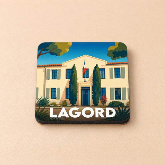 Dessous de verre souvenir de la ville de Lagord avec une illustration stylisée de son hôtel de ville.
