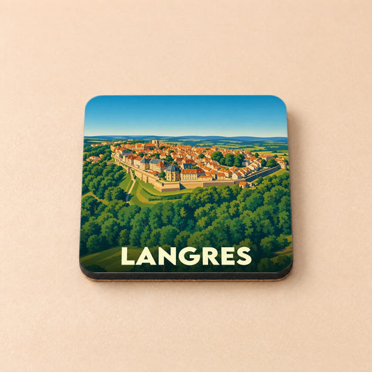 Dessous de verre souvenir de la ville de Langres avec une illustration stylisée de ses remparts et sa cité médiévale.