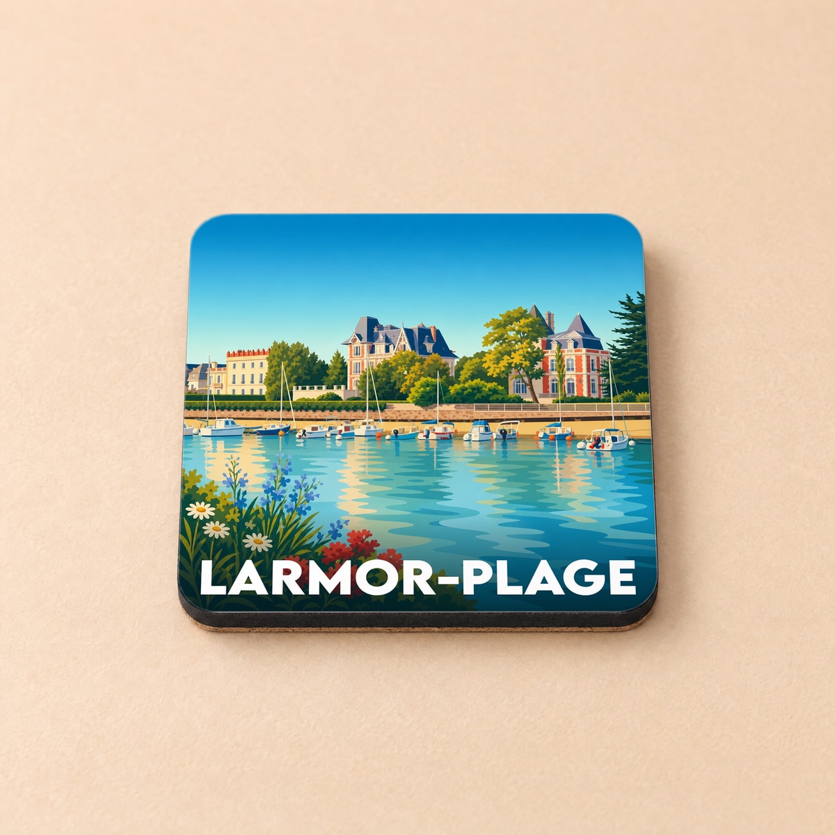 Dessous de verre souvenir de la ville de Larmor-Plage avec une illustration stylisée du front de mer.