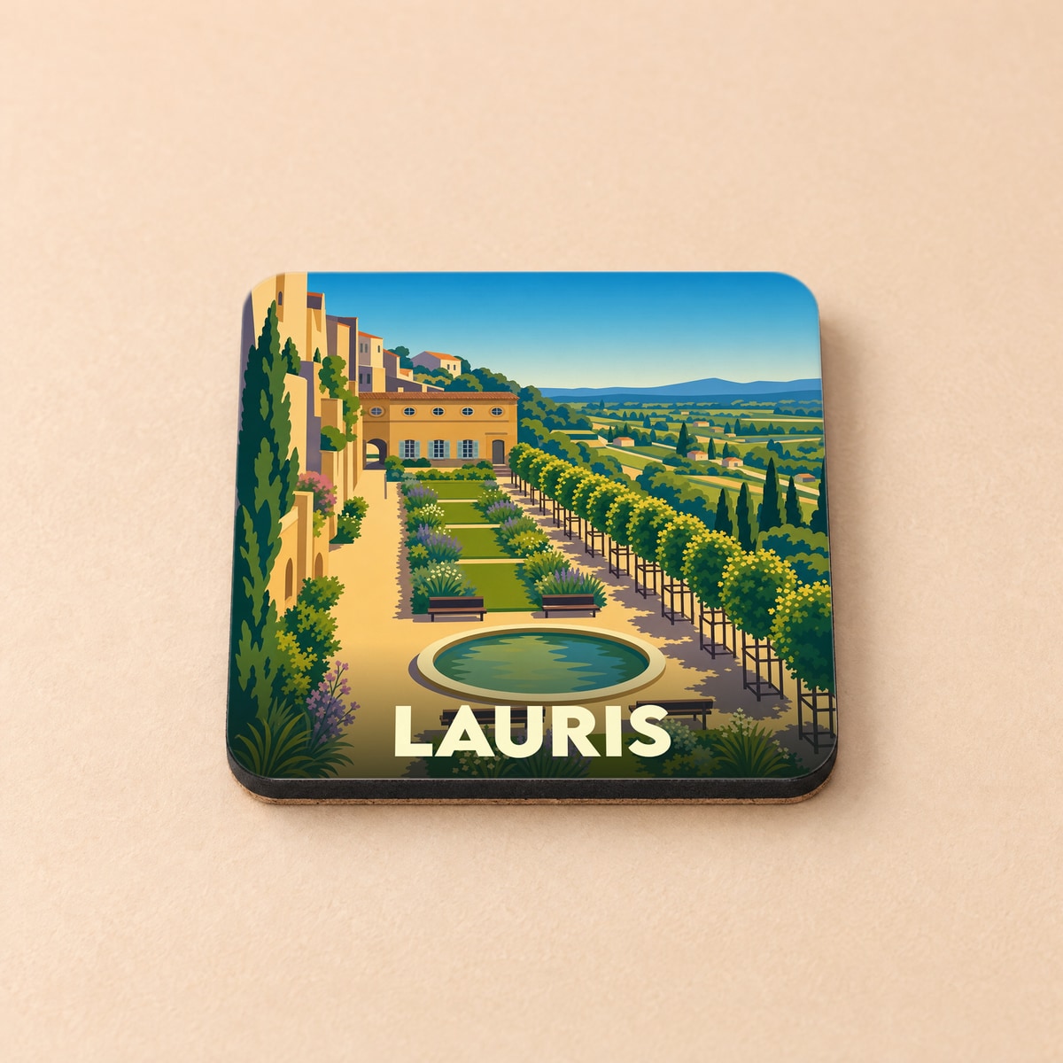 Dessous de verre souvenir de la ville de Lauris avec une illustration stylisée de ses jardins en terrasse.