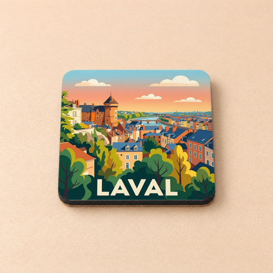 Dessous de verre souvenir de la ville de Laval avec une illustration stylisée et colorée.