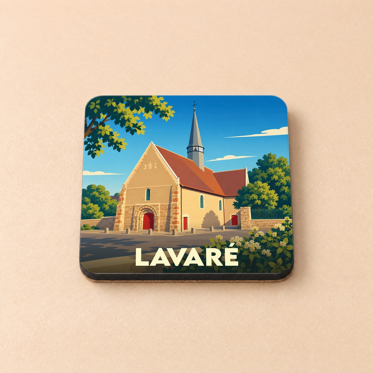 Dessous de verre souvenir de la ville de Lavaré avec une illustration stylisée de son église.