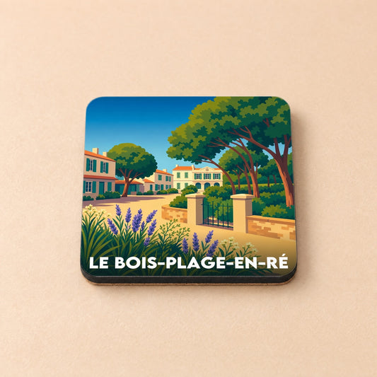 Dessous de verre souvenir de la ville de Le Bois-Plage-en-Ré avec une illustration stylisée.