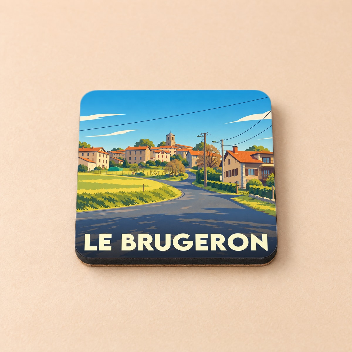 Dessous de verre souvenir de la ville de Le Brugeron avec une illustration stylisée.