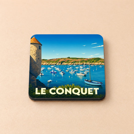 Dessous de verre souvenir de la ville de Le Conquet avec une illustration stylisée de son port.