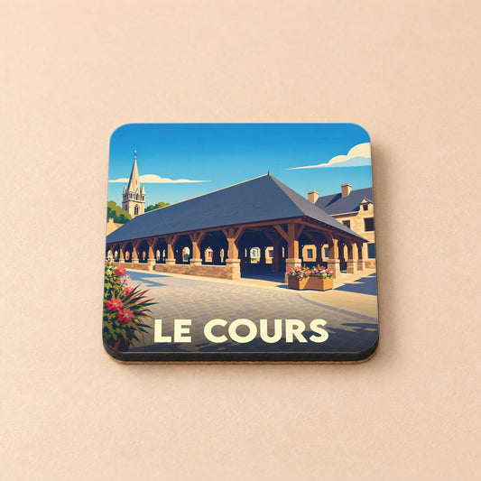 Dessous de verre souvenir de la ville de Le Cours avec une illustration stylisée d'une halle couverte.
