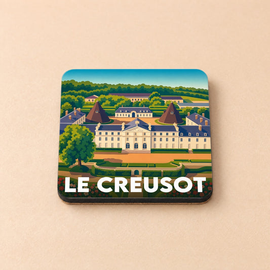 Dessous de verre souvenir de la ville de Le Creusot avec une illustration stylisée du Château de la Verrerie.