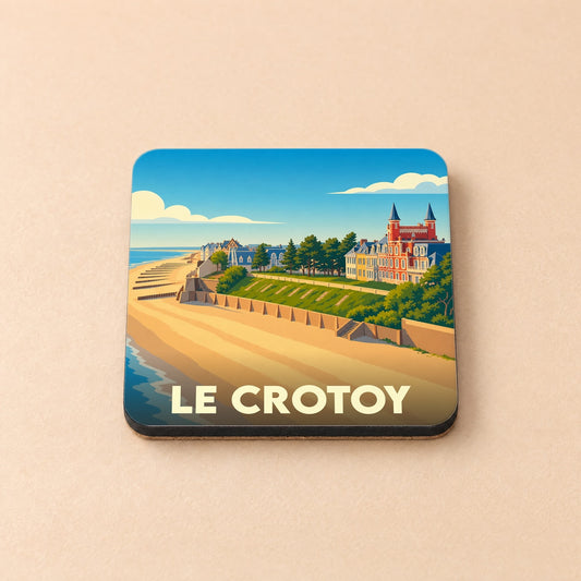 Dessous de verre souvenir de la ville de Le Crotoy avec une illustration stylisée du front de mer.