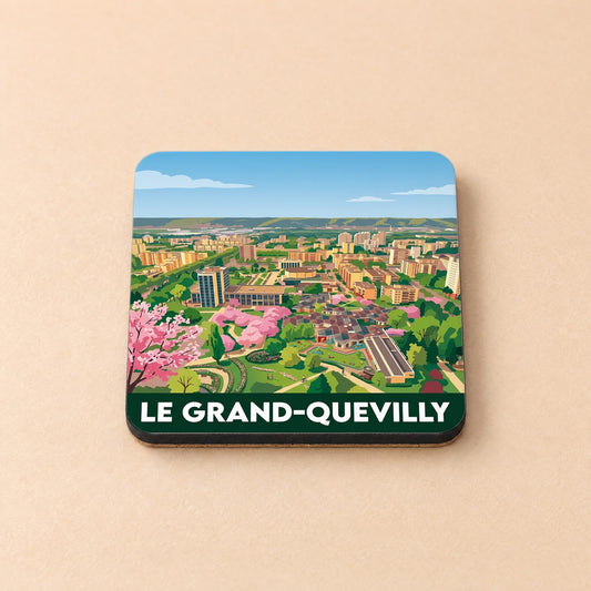 Dessous de verre souvenir de la ville de Le Grand-Quevilly avec une illustration stylisée et colorée.