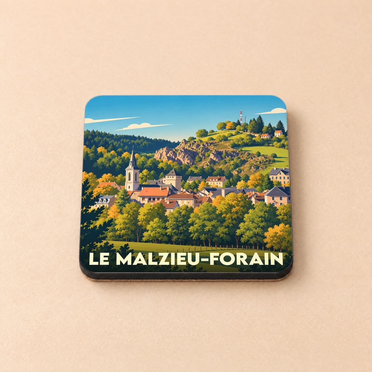 Dessous de verre souvenir de la ville de Le Malzieu-Forain avec une illustration stylisée de son paysage vallonné.