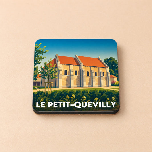 Dessous de verre souvenir de la ville du Petit-Quevilly avec une illustration stylisée de la chapelle Saint-Julien.