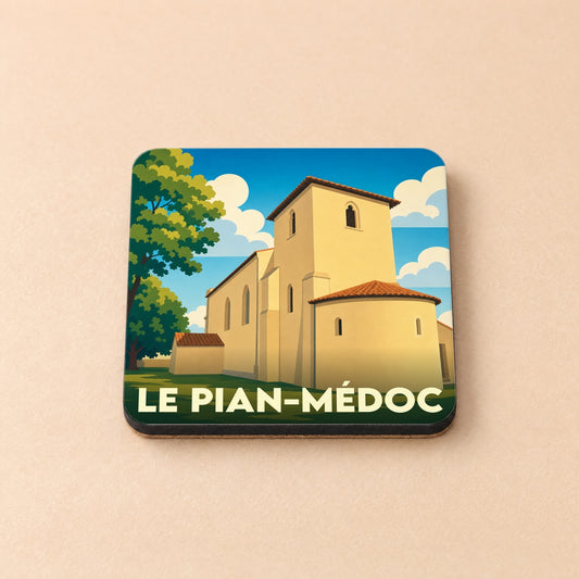 Dessous de verre souvenir de la ville de Le Pian-Médoc avec une illustration stylisée de son église.