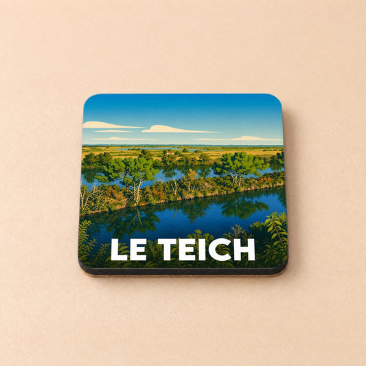 Dessous de verre souvenir de la ville de Le Teich avec une illustration stylisée de son paysage naturel.